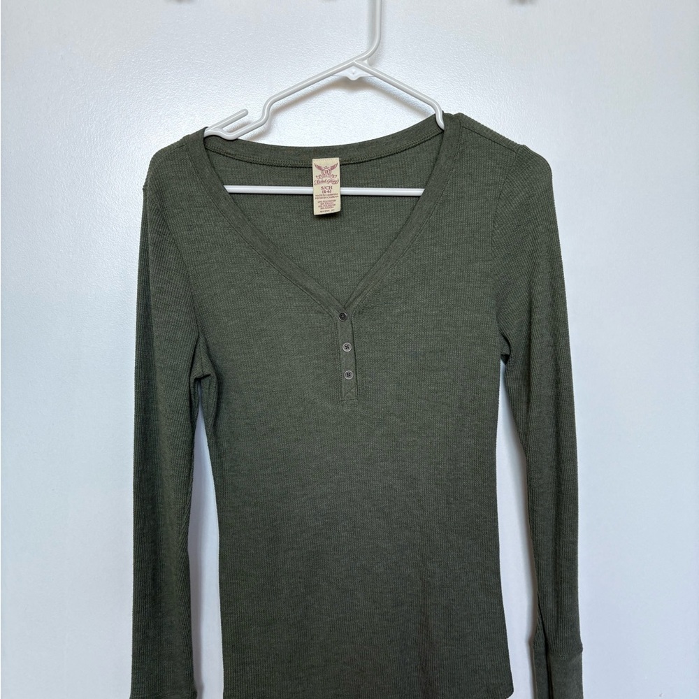 Olive Green V-Neck Long Sleeve Top